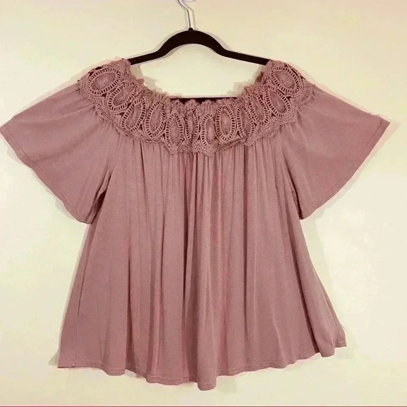 Mittoshop Mauve Off the Shoulder Lace Flare Blouse - Picture 9 of 13